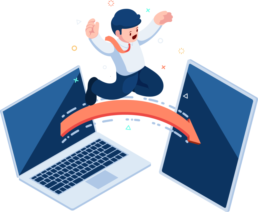Scaling Your Corporate Banking Correspondent (CBC) Business with Custom Fintech Solutions 2 Isometric Businessman Jumping from Laptop to Digital Tablet